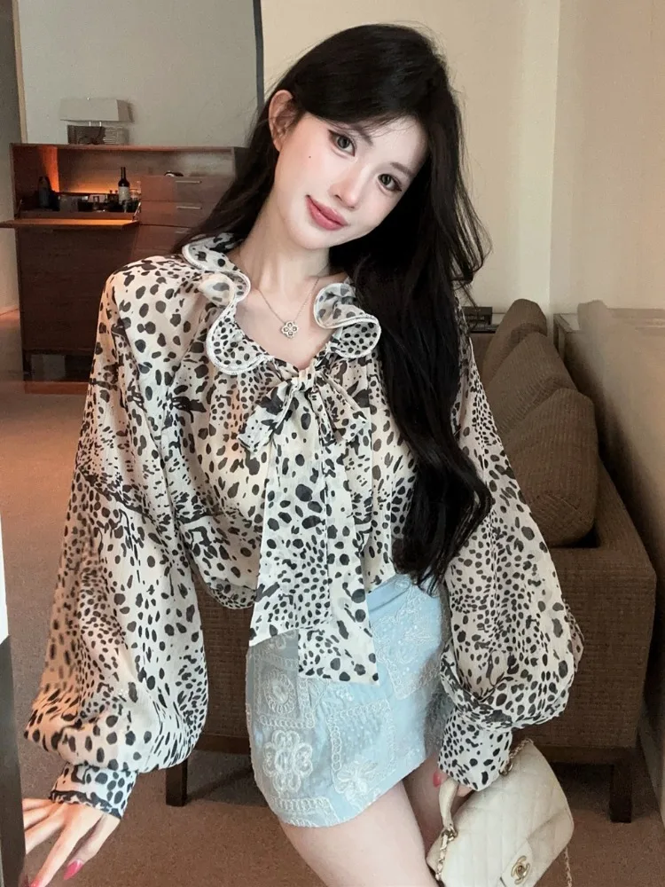 

Sexy Lady Style Pure Desire Wood Ear Leopard Print Lantern Sleeve Belted Shirt Embroidered Court Short Skirt Women Spring Sum...