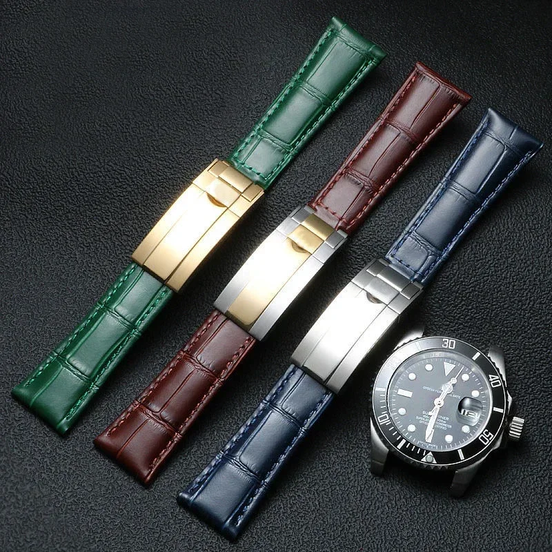 Crocodile Pattern Genuine Leather Watchbands 20mm For Rolex Watch Strap Daytona Submariner GMT RX Bracelet Folding Buckle