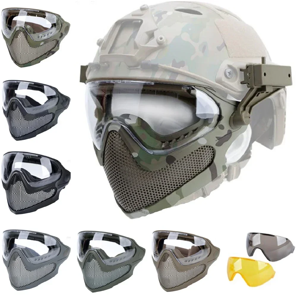 Airsoft Steel Mesh Mask Full Face with Anti-Fog Goggles Matching FAST Helmet for Shooting Wargame Paintball CS Airsoft Equipment