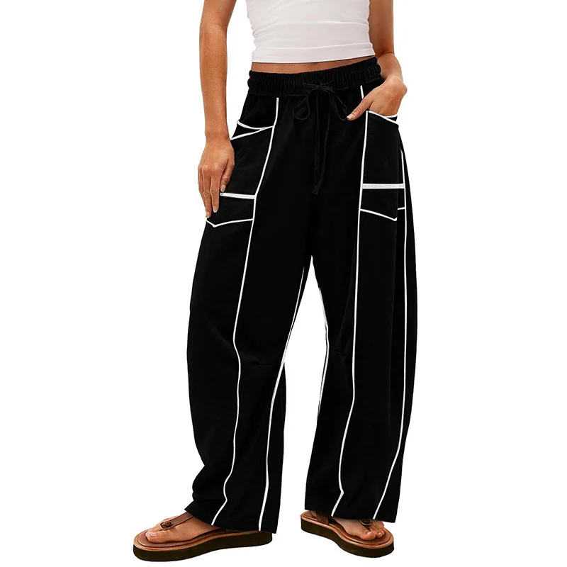 Women's sports pants, wide leg pants, straight leg spliced pants, women's pocket casual pants, commuting party casual pants