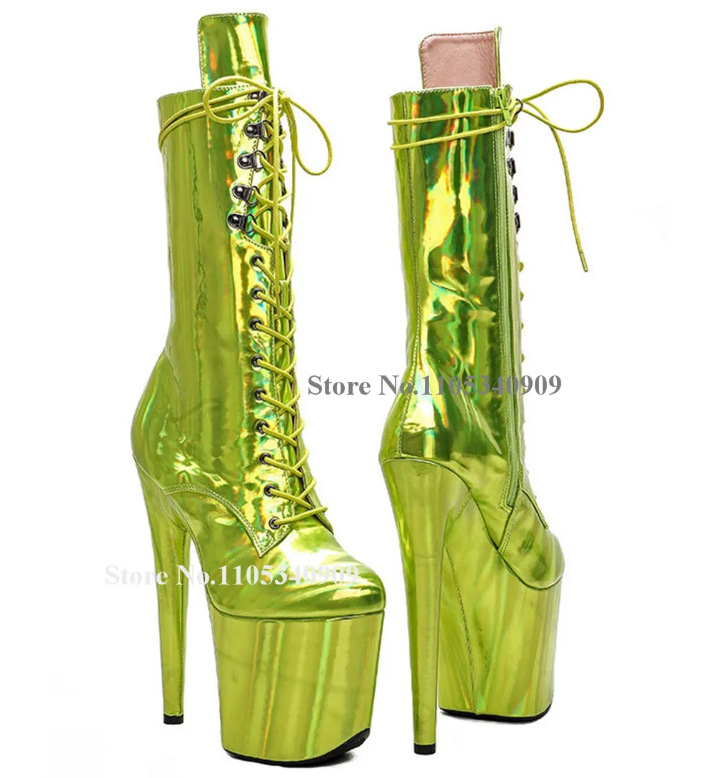 Bondarenko Metallic Green Wine Red Pink Patent Leather Thin Heel Short Boots Round Toe Lace-up Platform 20cm Stiletto Dance Shoe