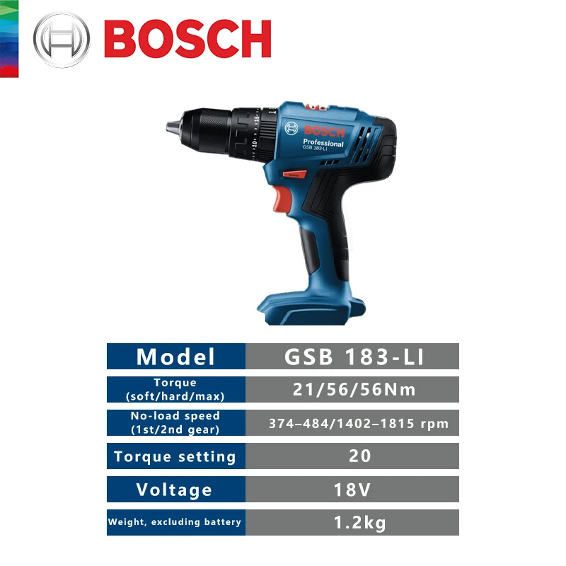 Bosch GSB 183 Electric Drill Screwdriver Cordless Brushless Impact Drill 56Nm Torque Multi-Use Power Tools for Wood Stone Metal