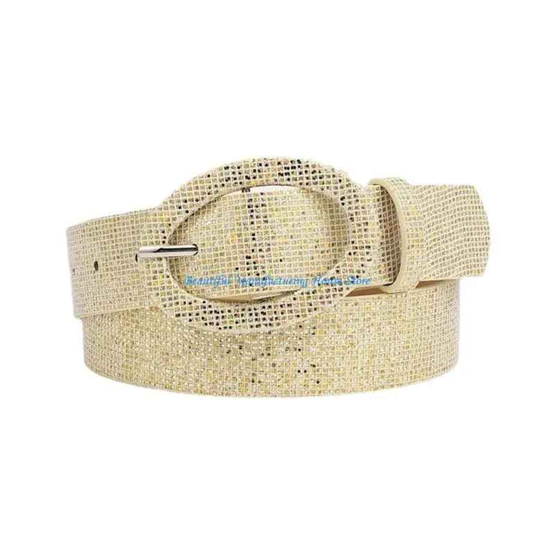 

E56A Adjustable Oval Buckle Waist Belt Shinning Sequins Belt for Women Men Jeans