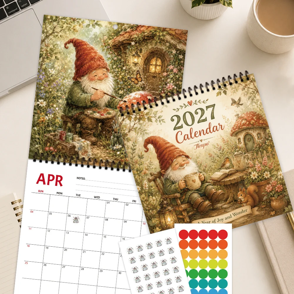 1pc 2027 Vintage Forest Gnome Wall Calendar,12‑Month Planner,Gift For Back‑to‑School,Christmas,New Year,Free Stickers Included