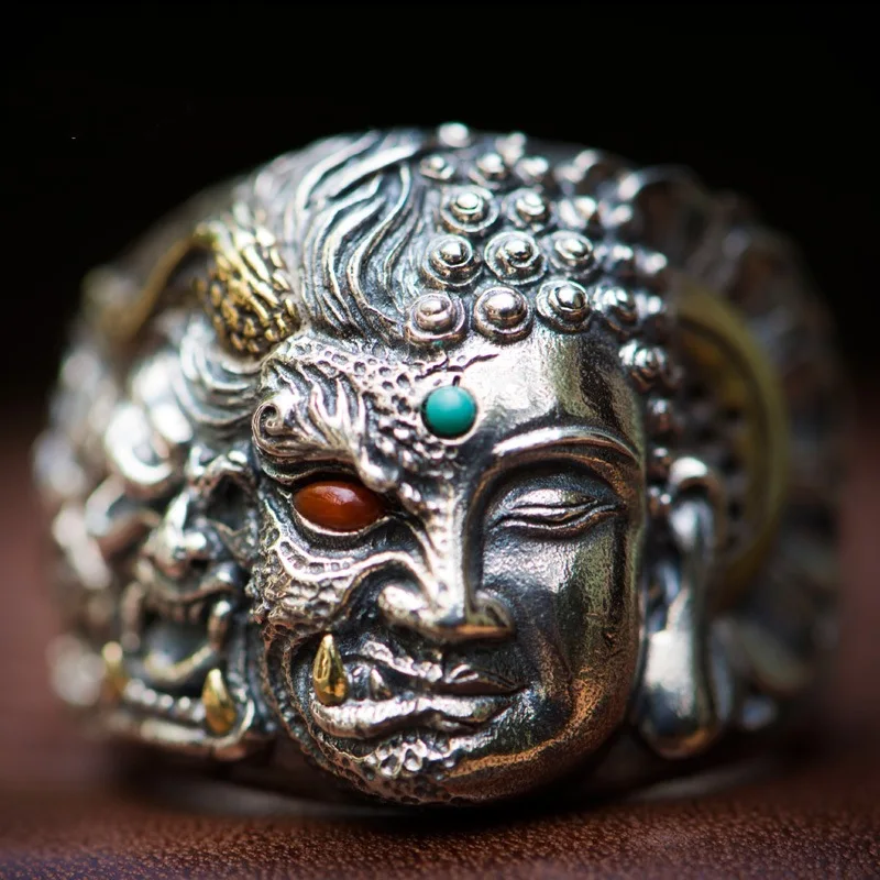 Half-Devil Half-Buddha Thai Silver Ring Personalized Vintage Open Rings