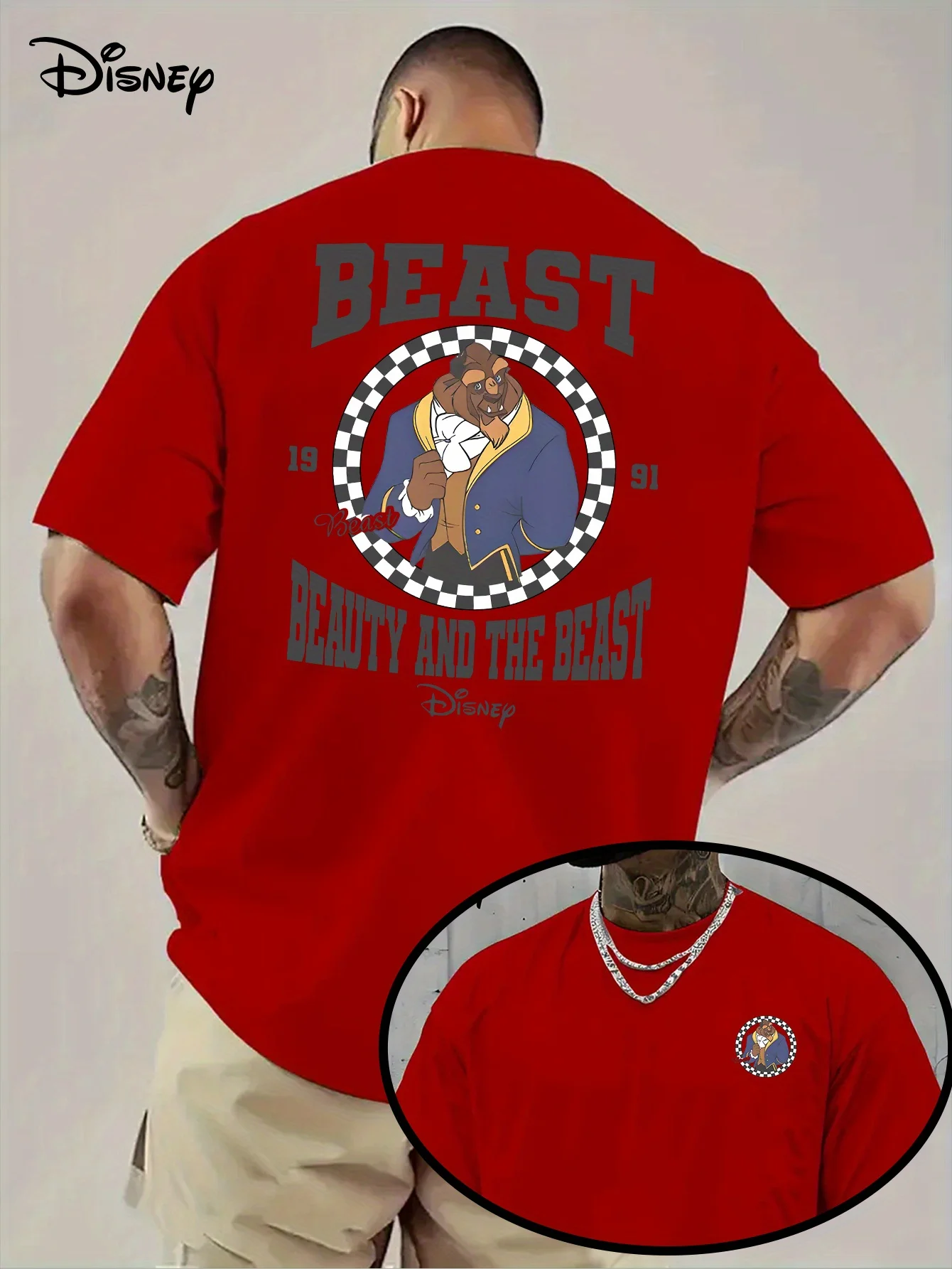 تي شيرت صيفي للرجال من Disney Beauty and The Beast ملابس ترفيهية يومية وأنشطة موضوعية للجنسين قطن بأكمام قصيرة كبيرة الحجم