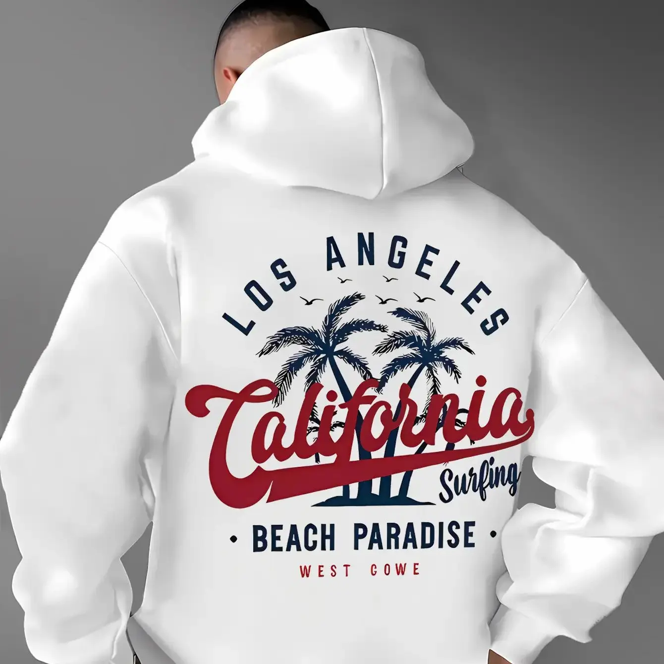 Übergroßer Herren-Hoodie Vintage Retro Los Angeles Kalifornien Kursivschrift Palme Surf Grafik Weicher Fleece Lässiger Pullover – Detail 2