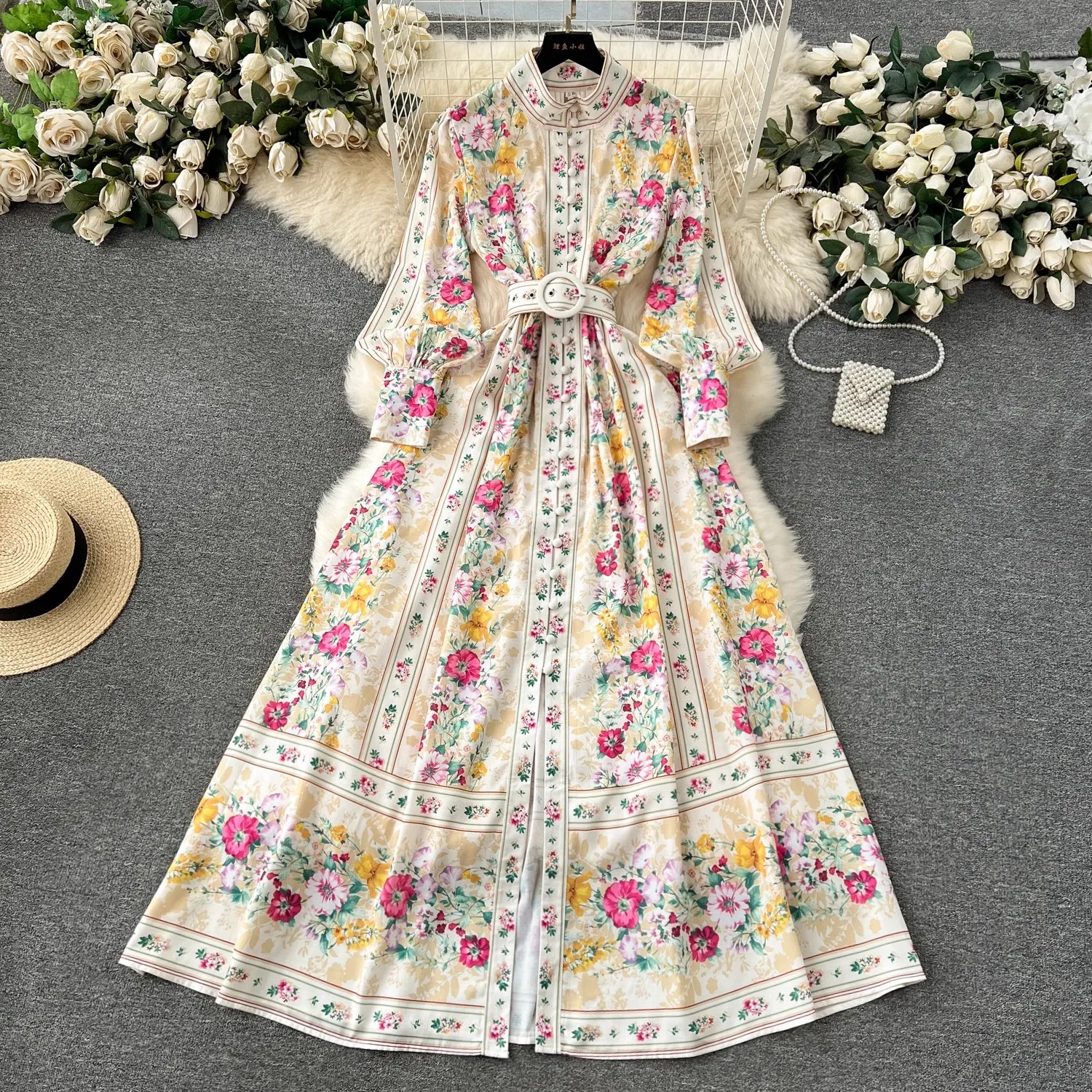 2024 Holiday Gorgeous Flower Party Dress Women Stand Long Sleeve Single Breasted Floral Print Belt Linen Maxi Robe Vestidos 6242