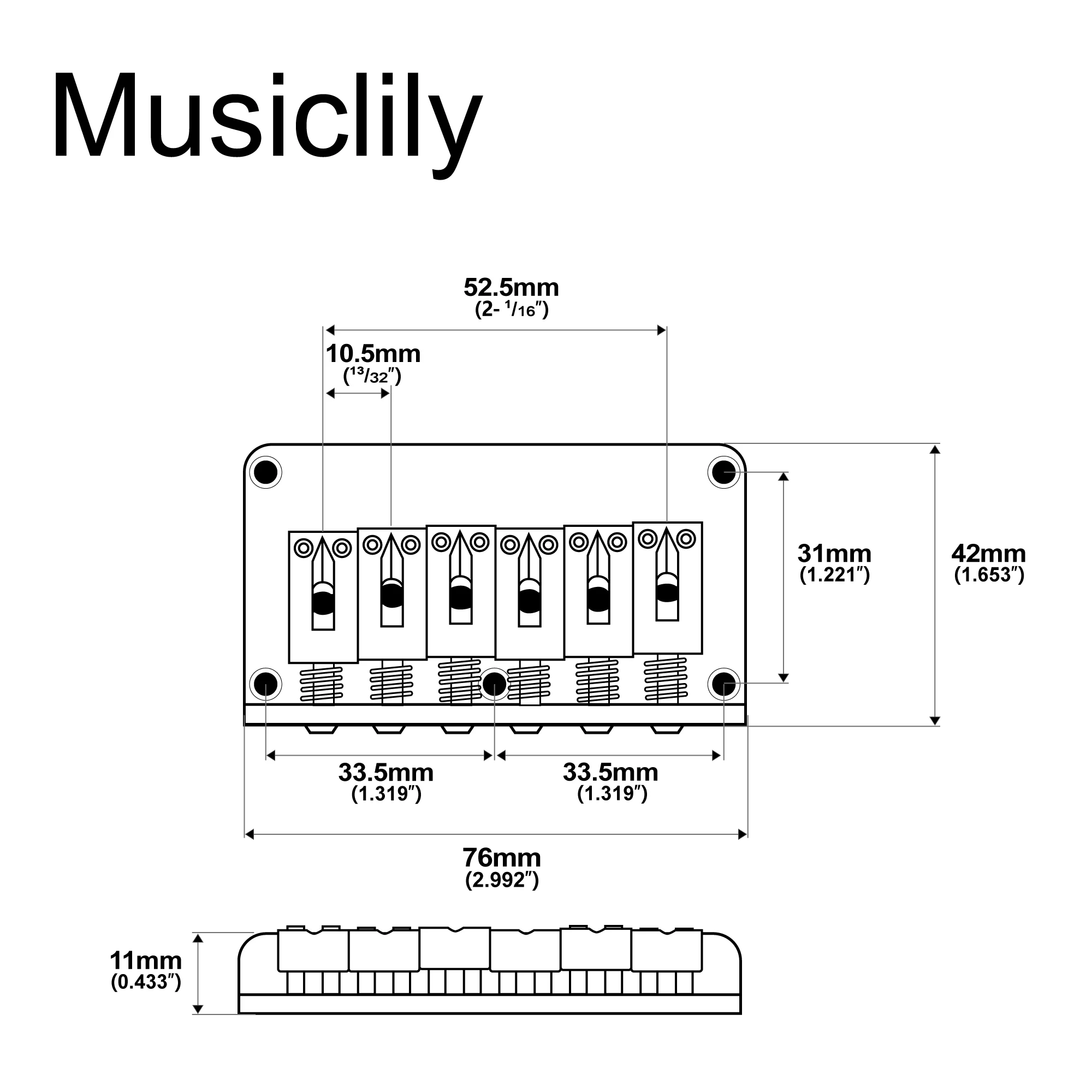 Musiclily Pro 52.5mm(2-1/16 inch) Modern Hardtail Fixed Bridge for ST Tele Style Electric Guitar