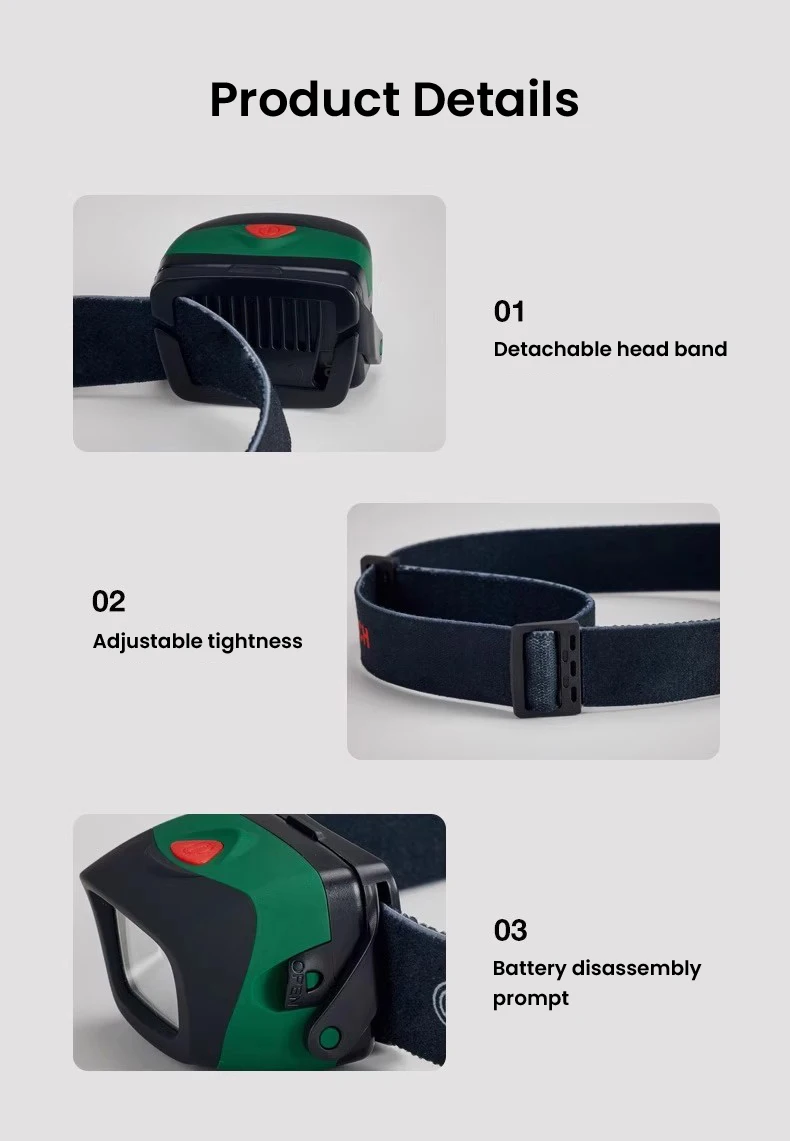 BOSCH LED Headlamp 190 Lumens Flashlight 3 Lighting Modes 62x46x42mm Square Lamp Adjustable Straps Head Mounted Flashlight