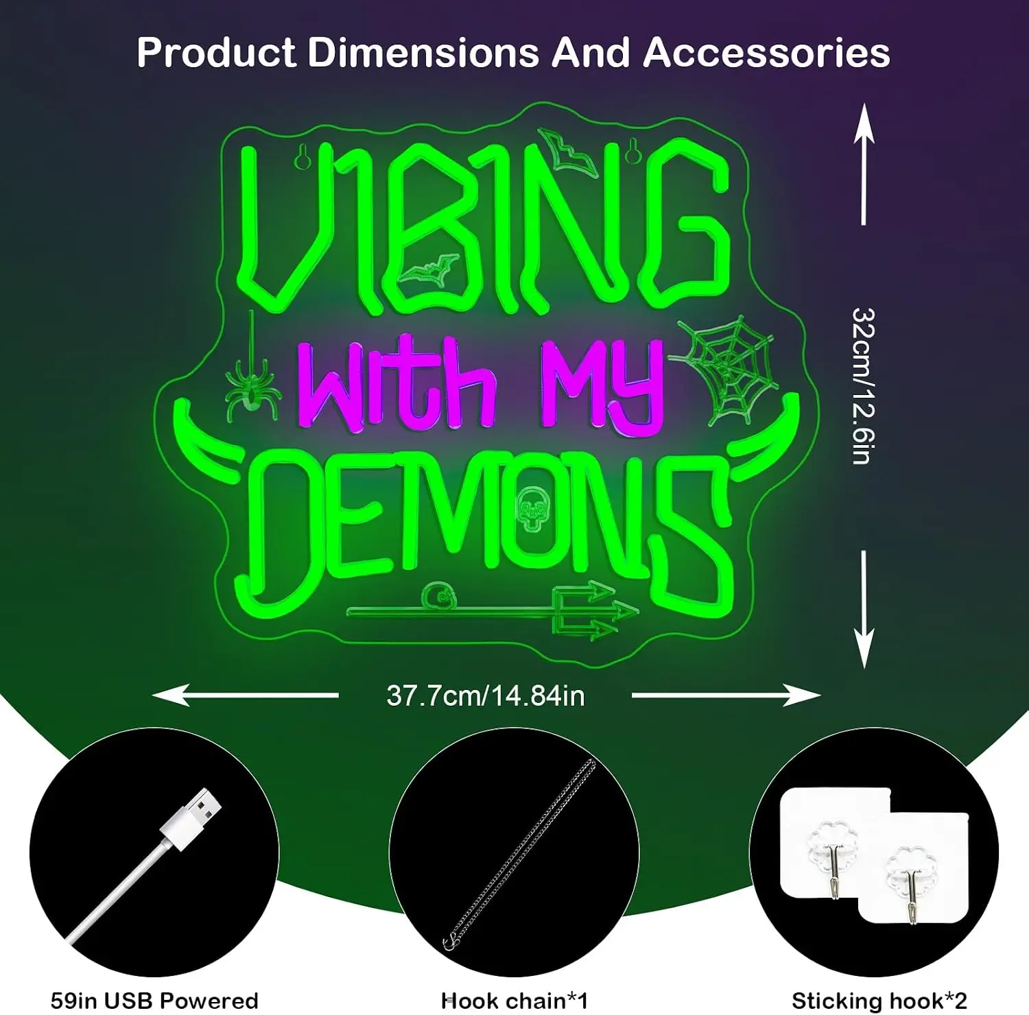 Vibing With My Demons Neon Sign USB Powered LED Neon Light Halloween Party Gothic Bedroom Gaming Room Bar Window Home Decor Gift