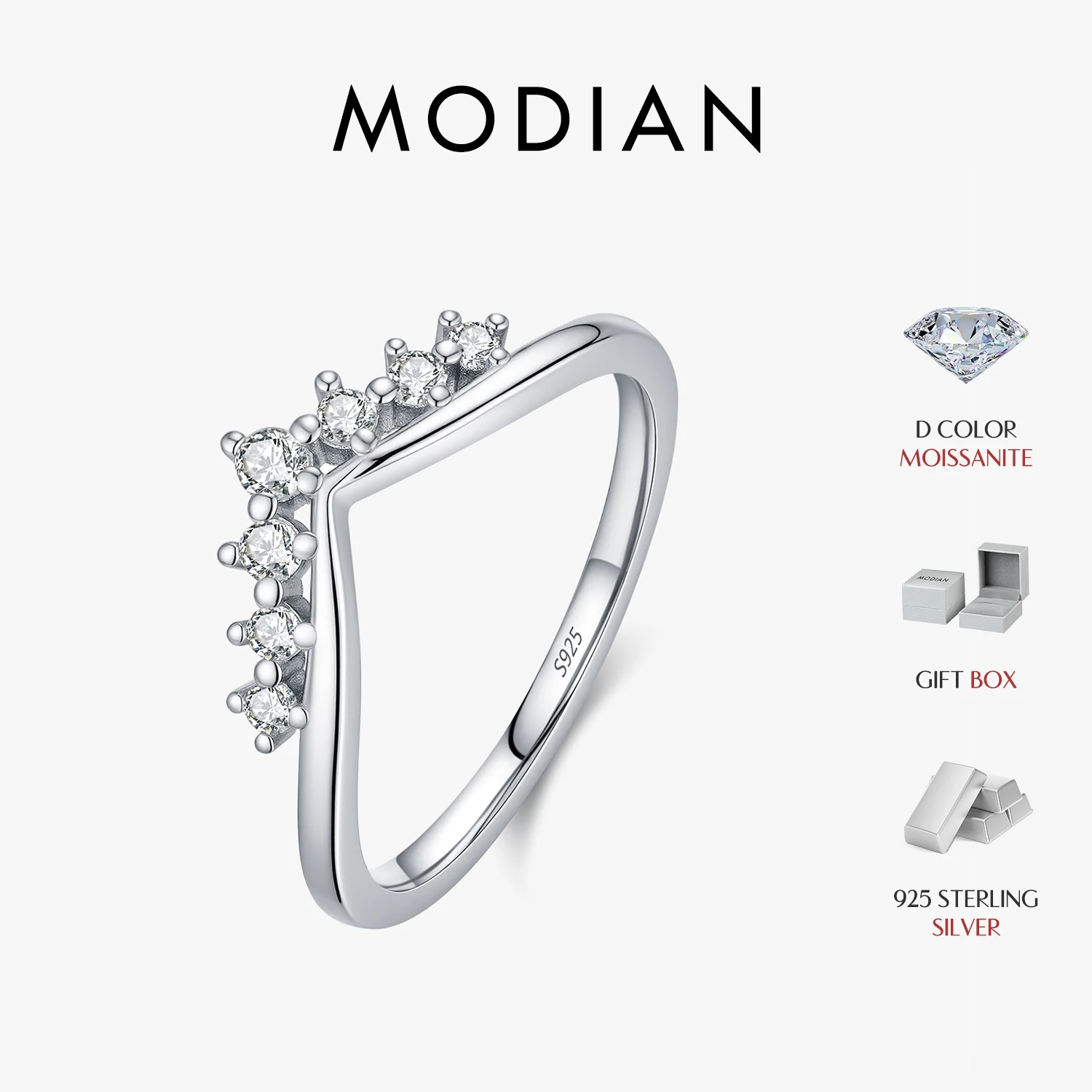 MODIAN Dazzling Moissanite Lab Diamond Ringe aus 925er Sterlingsilber, stapelbare Kronen-Fingerringe für Frauen, Party-Edelschmuck