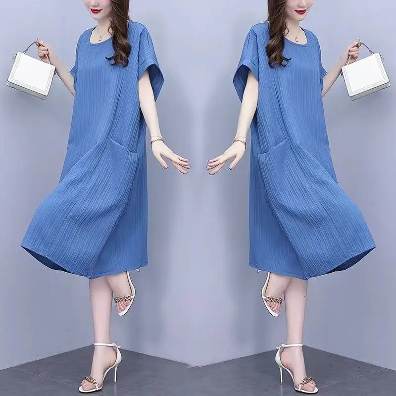 Tempérament d'été Patchwork couleur unie col rond manches courtes robes décontractées dames bureau dame poche t-shirt robe femmes vêtements