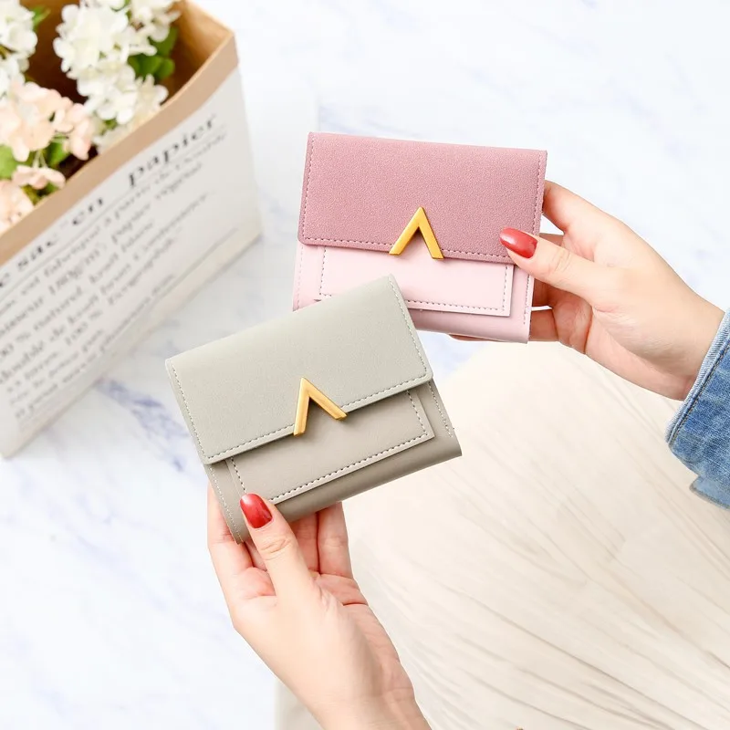 Short Wallets For Women PU Leather Minimalist Style Splice Metal V-shaped Hasp Frosted Retro Female Coin Purse Card Holder