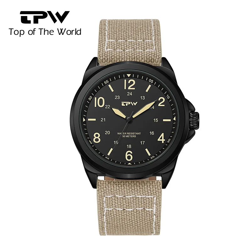 Classic Field Watches Fabric Strap Stitched Leather Band 42mm Men's 30M Waterproof Analog Military Top Brand Leather Wristwatch