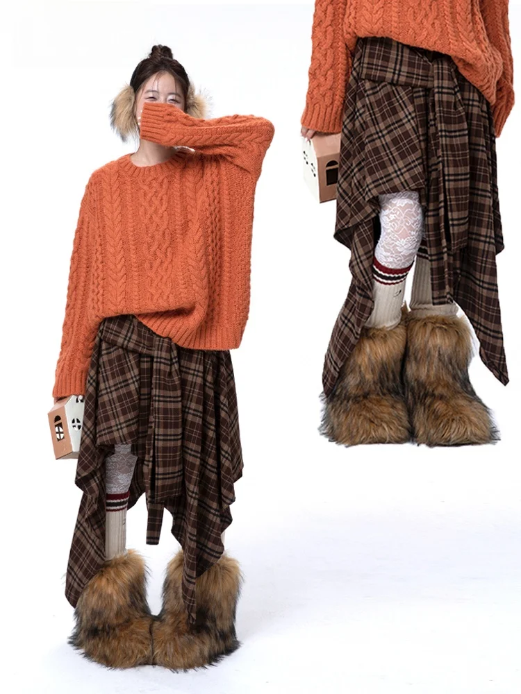 

High Waist Plaid Skirt Women's Design Sensation New Sle Asymmetrical Polyester Viscose Nylon A-Line Skirt