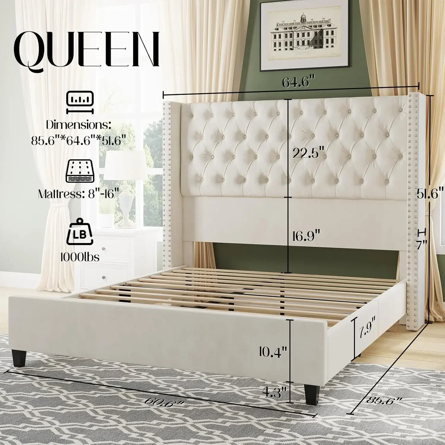Queen Upholstered Bed Frame with Tall Headboard Wingback Platform Bed Tufted Deep Button Velvet