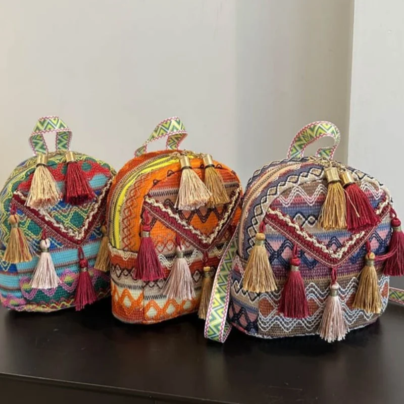 Women Bohemian Style Mini Backpack Geometric Weave With Tassels Lightweight Convertible Crossbody Bag For Everyday Vacation