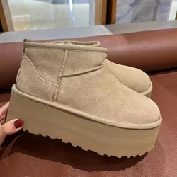 2024 ultra mini snow boots platform  women winter ankle boots flat high qulity leather wool chestnut shoes