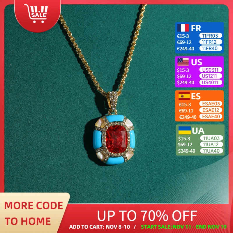 

Vintage Blue Enamel Ruby Square Pendants And Charms Necklace Antique Gold Color Chain Women'S Accessories Mothers Day Gift 2025