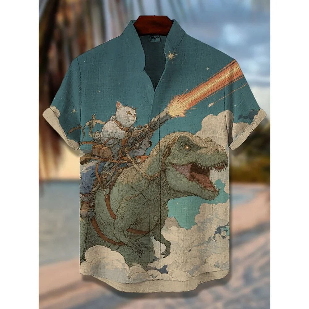 Men's Funny Laser Dinosaur Cat Print Shirts 3D Holiday Hawaiian Shirt Summer Oversized Women Short Sleeve Casual Beach Shirts