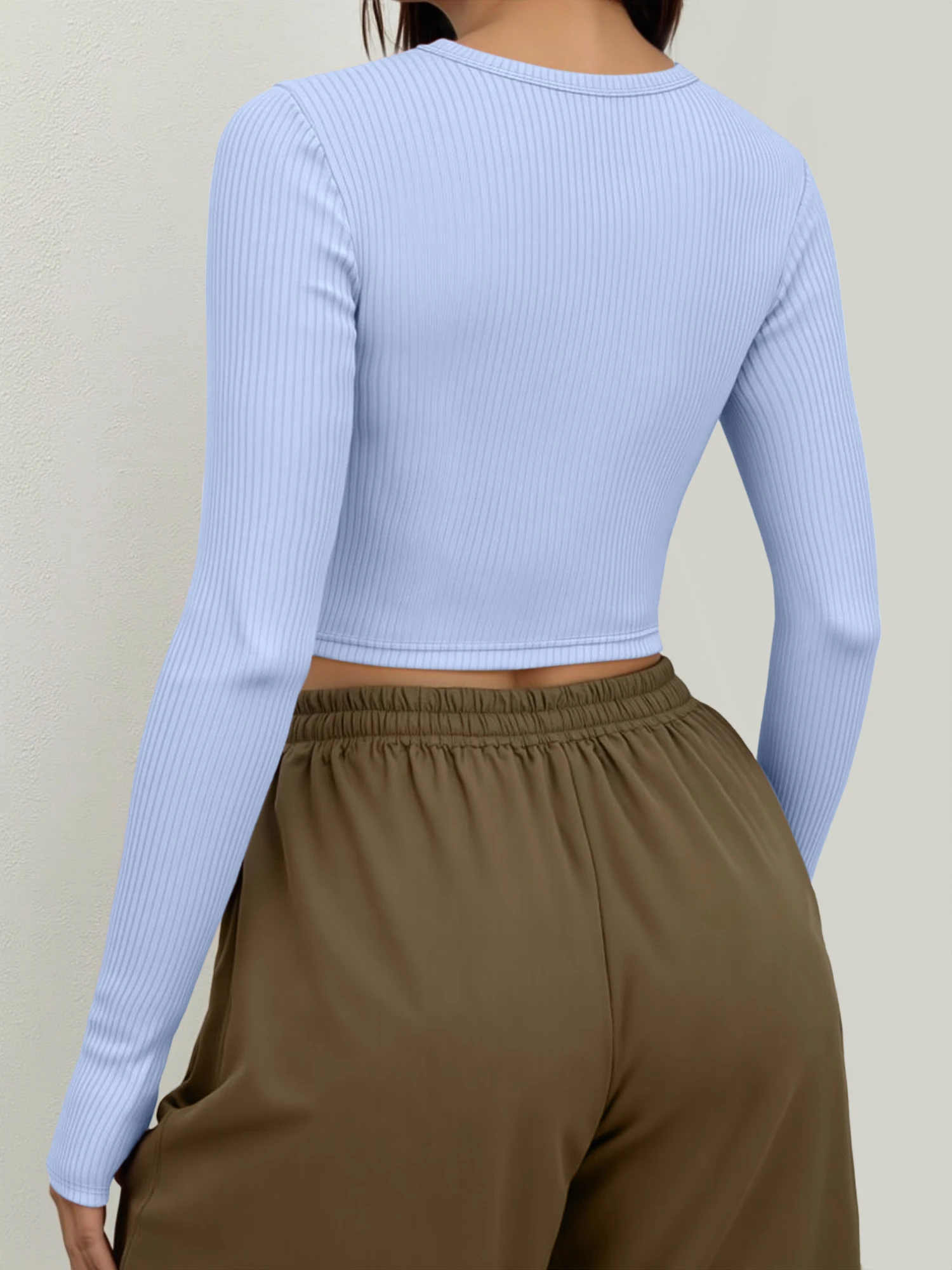 Western Streetwear Stretch Ribbed Cropped Long Sleeve Shirt Women Big U Neck Bodycon Slim Party Tops