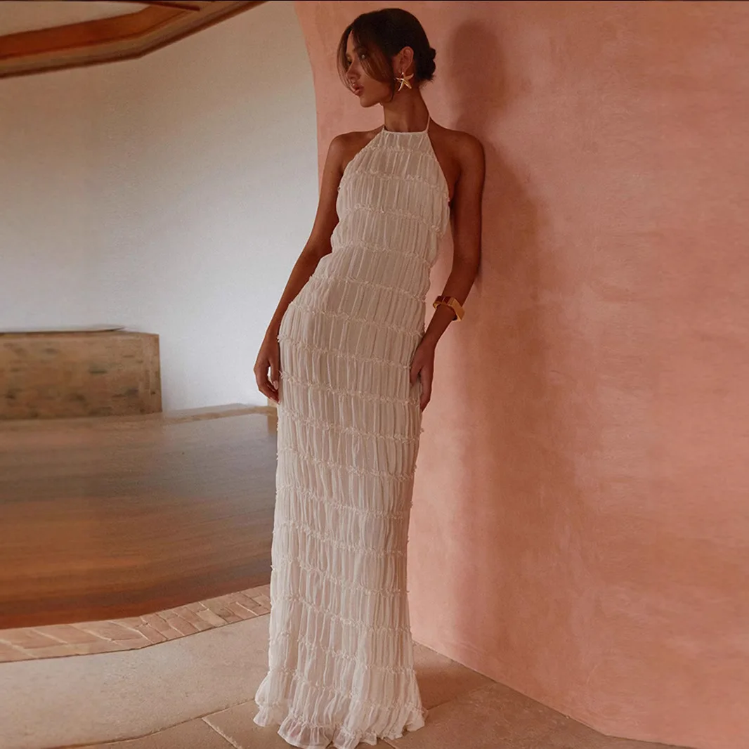 

Sexy Women's Dress Pleated High Waist Halter Backless Sexy Date Evening Fashion Party Birthday Female Straight Long Dress
