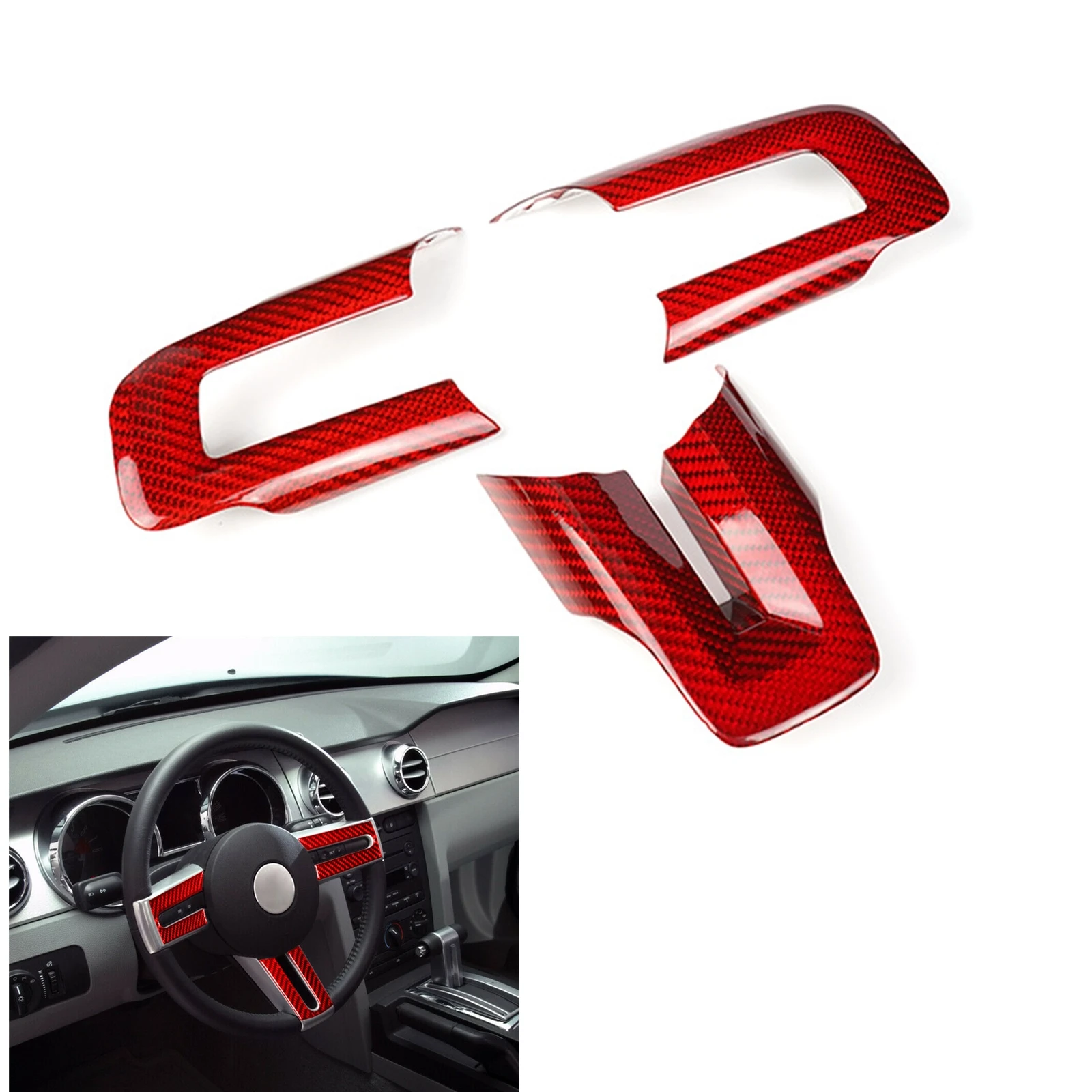 

For Ford Mustang 2015-2023 Carbon Fiber Red/Black Car Steering Wheel Panel Button Frame Cover Trim