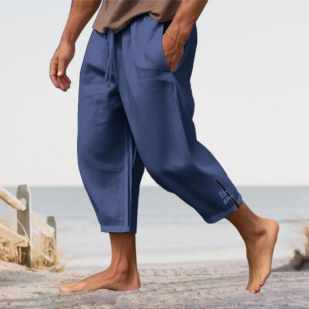 Beach Slits Trousers Men\'s Drawstring Cropped Pants with Elastic Waist Deep Crotch Soft Breathable Summer Trousers for Beach