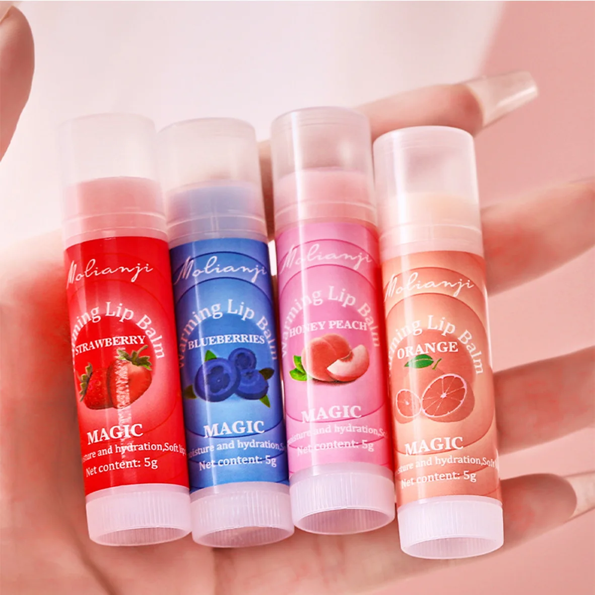 Zestaw balsamów do ust z 4 odcieniami owocowych zapachów, nawilżający olejek do ust zmieniający kolor pod wpływem ciepła, zestaw w pudełku, pielęgnacja ust, odżywczy zestaw balsamów do ust.