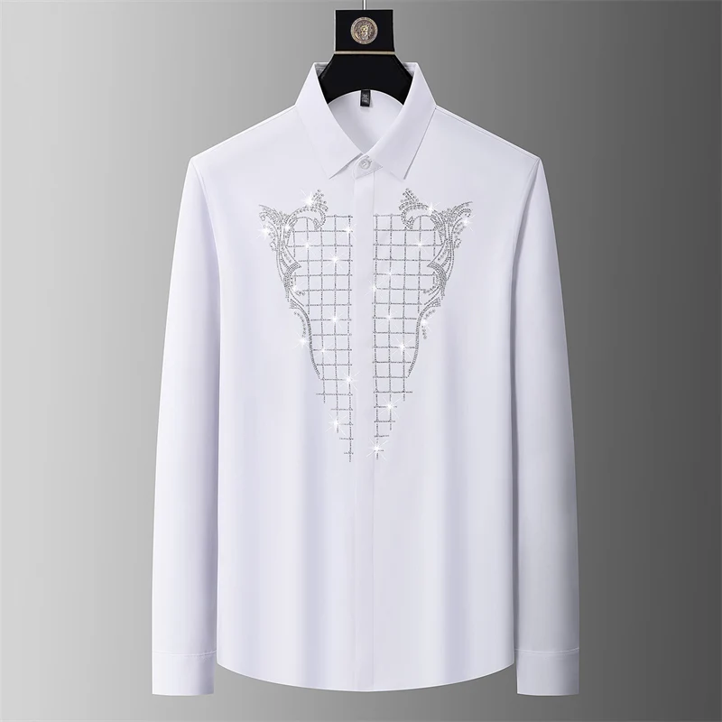 Hotfit Rhinestone Silky Shirts For Men Long Sleeve Covered Button Spring Top Quality Soft Comfortable Seamless Camisas De Hombre
