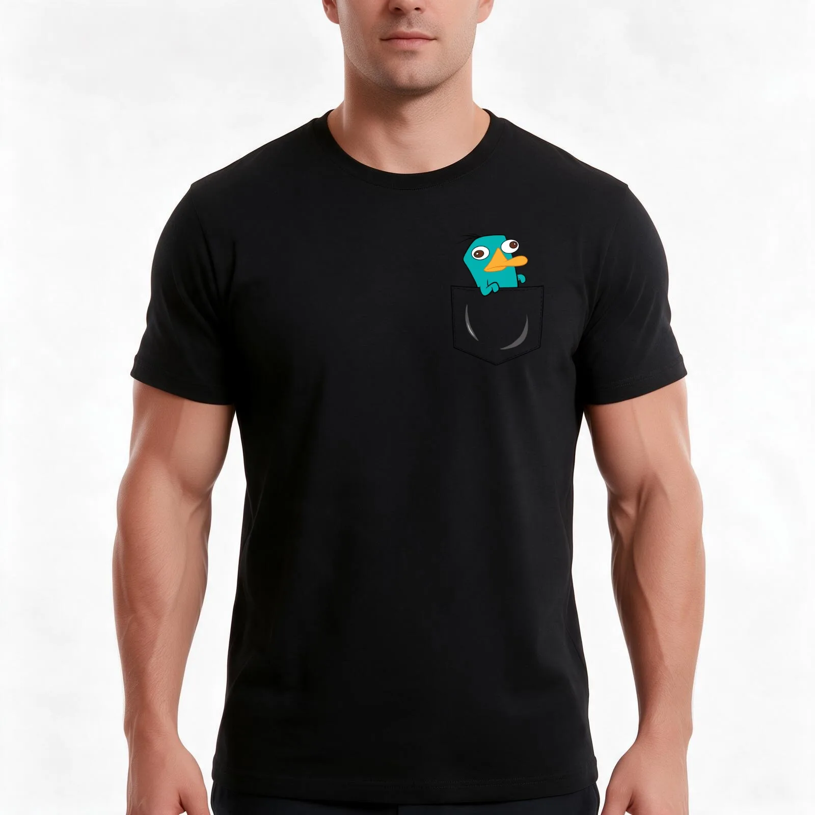 Perry the Platypus - Pocket T-Shirt, Summer Casual Cotton Tee, Oversized Streetwear Tops, Vintage Graphic Print, 100% Cotton