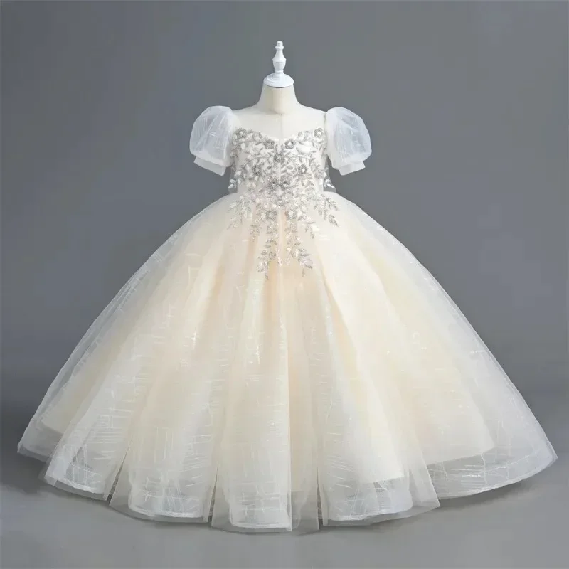 High End Children's Dress New Piano Performance Dress Long Princess Dress Mesh Sequin Girl Temperament Light Luxury