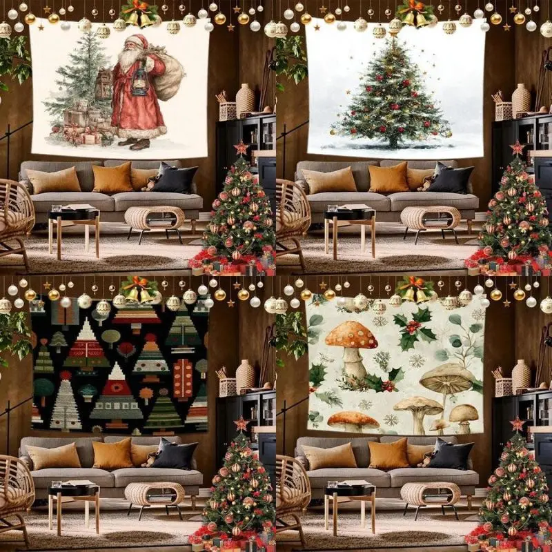Christmas Tapestry, Vintage Santa Claus Christmas Tree Mushroom Holly Gift Background Cloth Bedroom Dormitory Holiday Home Decor