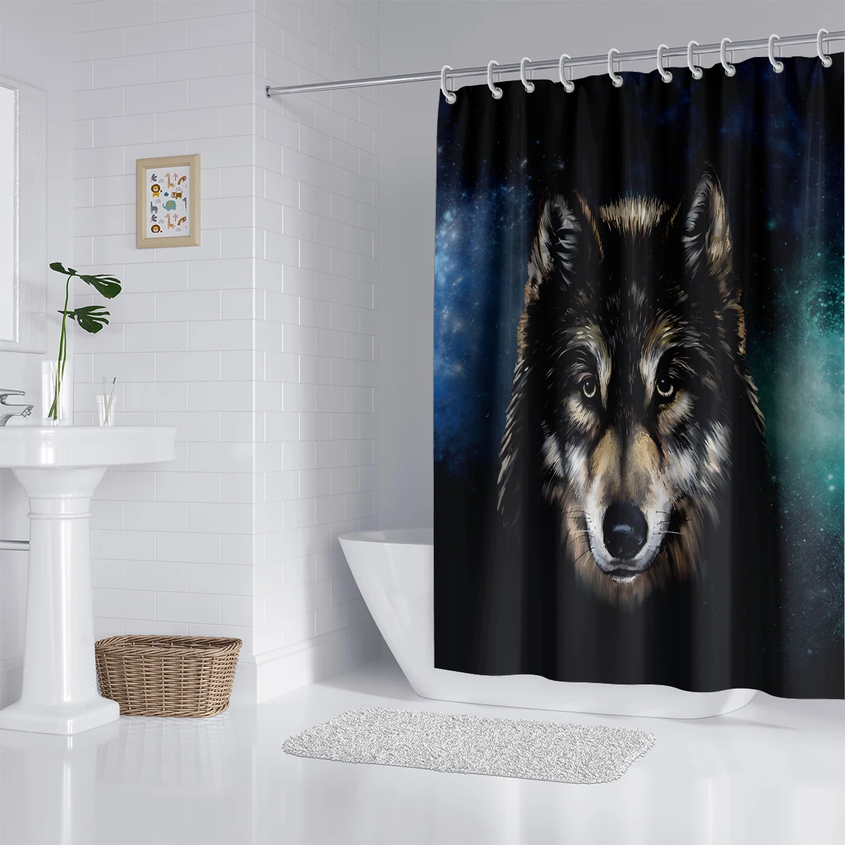 1 piece of 180x180cm starry sky and wolf print shower curtain, partition bathroom waterproof and mildew proof home decoration