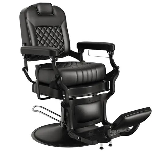 Black Luxury Barber Chair, Comfortable Reclining Salon Chair with Ultra-Stable Base, Adjustable Headrest & Plush Seat