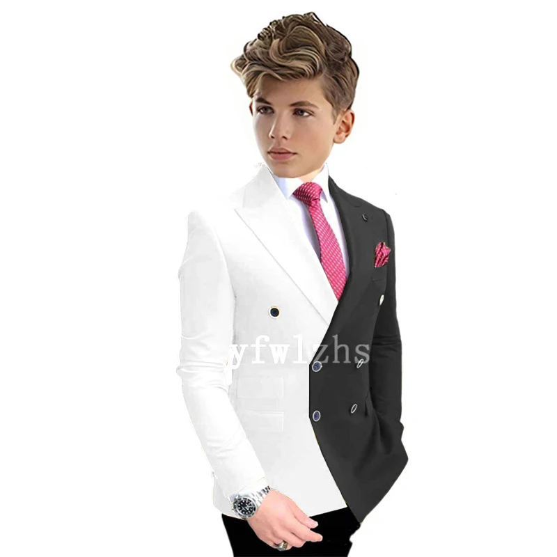 Color Block Boys Suit Jacket Pants 2 Piece Set Wedding Tuxedo Double Breasted Blazer Two Color Clothes for Kids