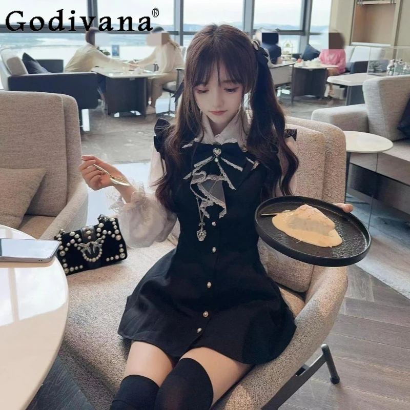 

Girls College Style Lolita Dress for Women Navy Collar Bow Puff Lace Shirt Dress Female Autumn Japanese Black Short Lolita Dress