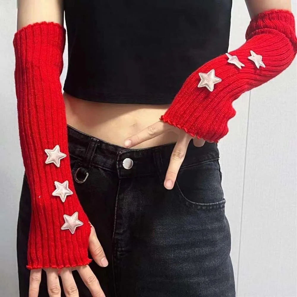 Maniche senza dita lavorate a maglia elastiche Copribraccio lungo gotico Y2K Star Scaldamuscoli traspirante per mezzo palmo Polsino lungo invernale