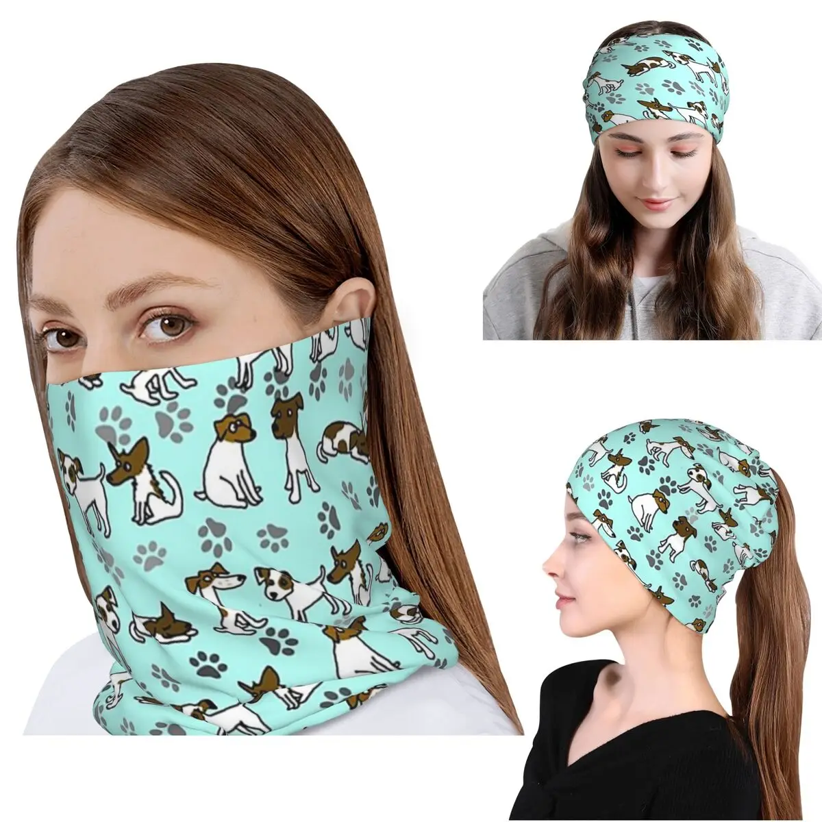 Jack Russell Terrier Cartoon With Light Blue Background Bandana Neck Gaiter Mask Scarf Multi-use Headband Beanies Hat