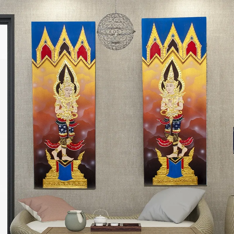 South East Asia hand painted Buddha mural, Thailand handmade gold foil painting club hotel entrance decoration figure sticker