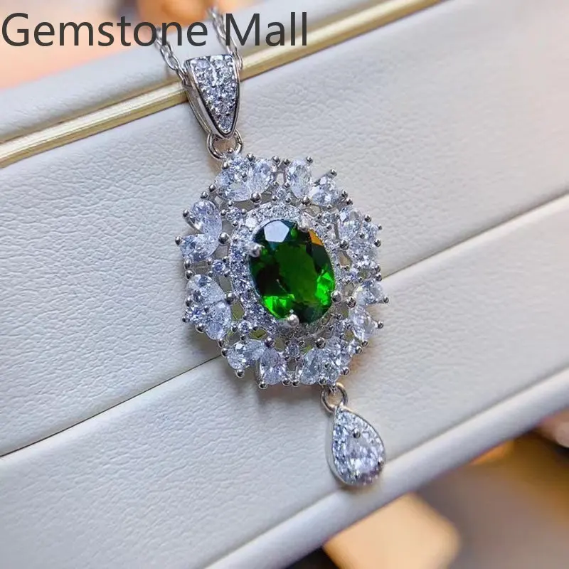 

100% Natural Diopside Necklace Pendant 6mm*8mm 1ct Diopside Pendant Solid 925 Silver Gemstone Jewelry with Gold Plating