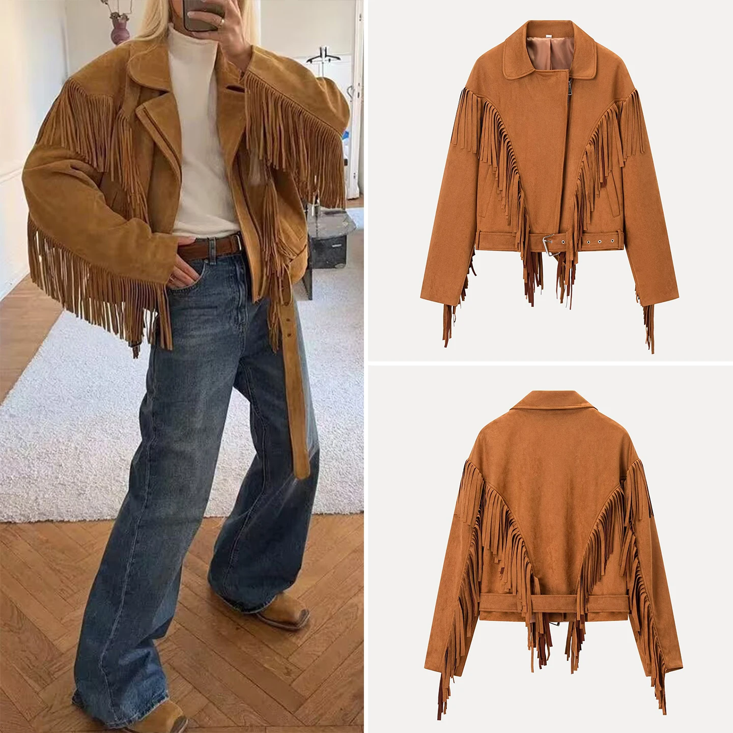 

Женское крутое длинное пальто с широкими плечами, однотонное пальто с отделкой кисточками, осень 2023, новое пальто на молнии