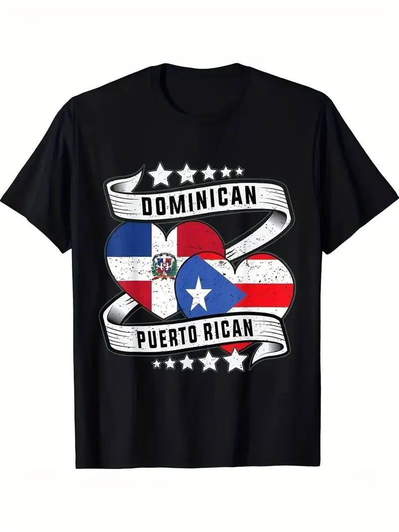 Men's T-Shirt Featuring Dominican Puerto Rican Flag Graphic, Crew Neck Style With Puerto Rico Design, Short Sleeve Black S-3Xl