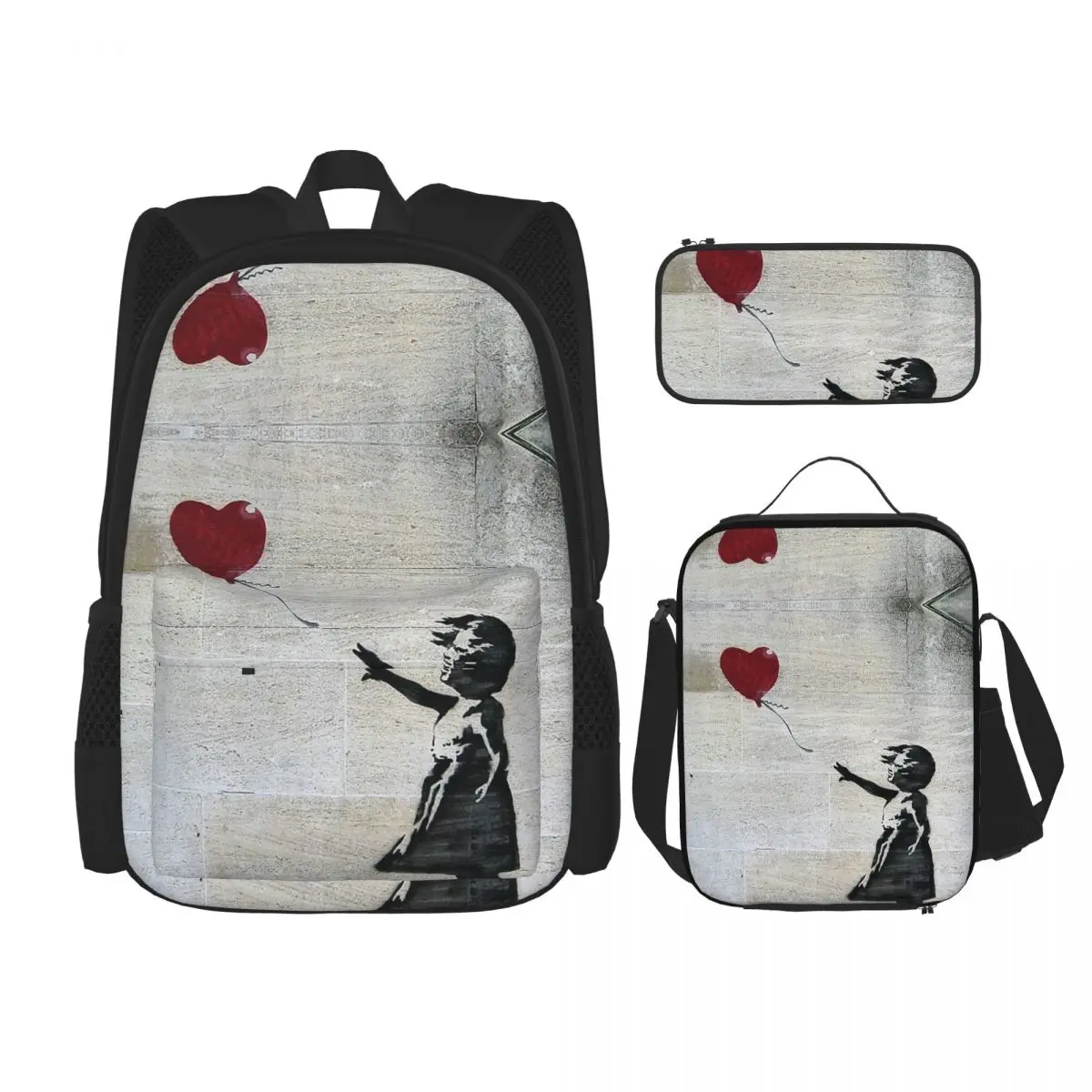 

Banksy's Girl With A Red Balloon Backpacks Boys Girls Bookbag Students School Bags Rucksack Lunch Bag Pen Bag Three-Piece Set