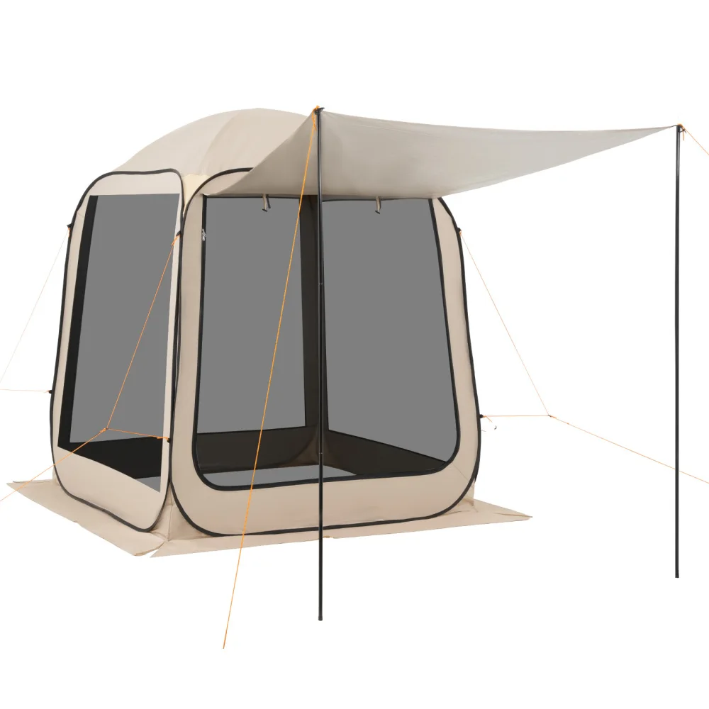 Beige Mesh Tent, 6 X 6 Feet (approx. 1.8 X 1.8 Meters) Spacious Enough for 4-6 People, with A Retractable Awning, Portable Mesh Canopy, Storage Bag, and Mesh Sides. Suitable for Patios, Backyards, and Outdoor Activities.