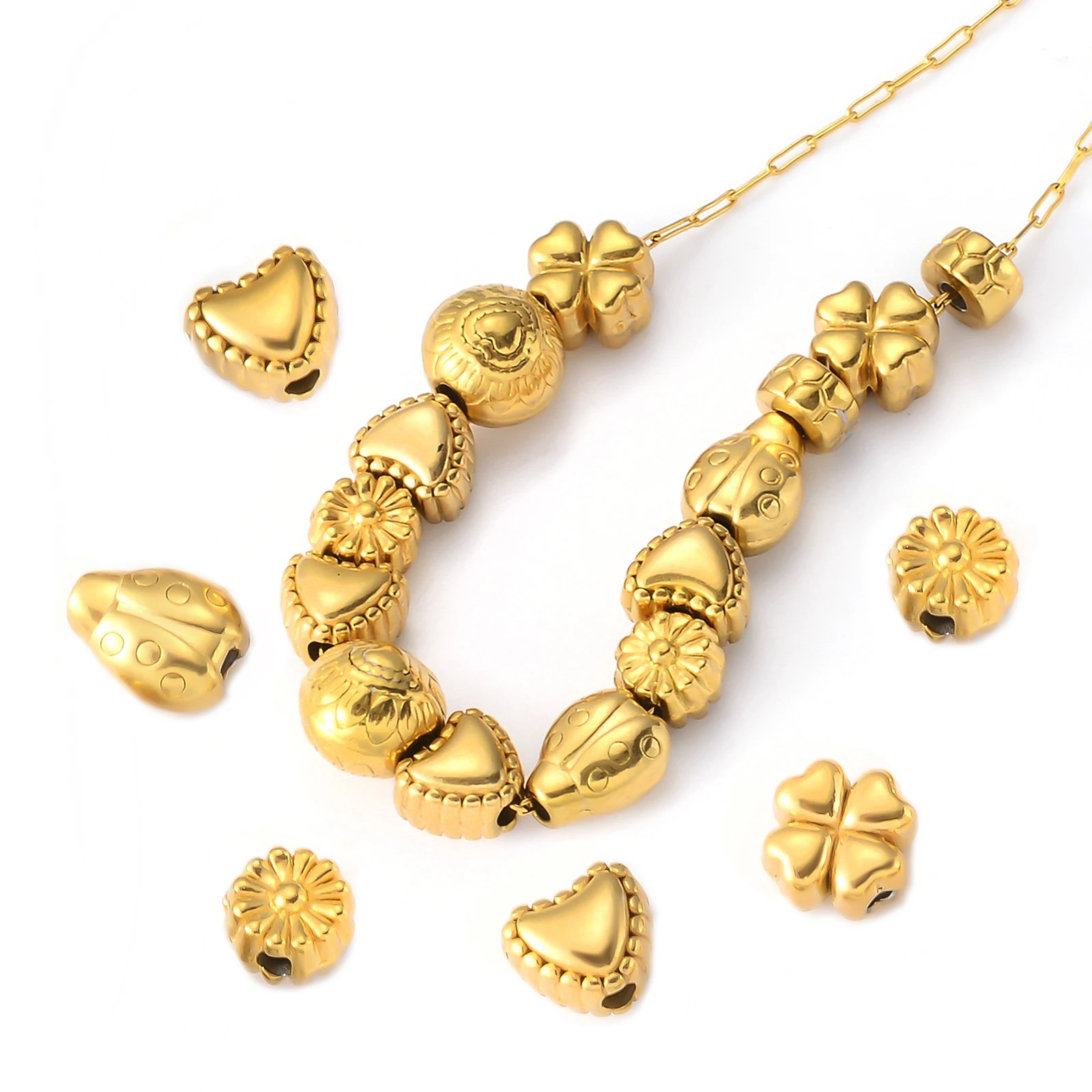 

8Pcs Stainless Steel Heart/Flower/Insect Spacer Beads Charm Gold Plated Loose Beads DIY Bracelet Necklace Jewelry Making