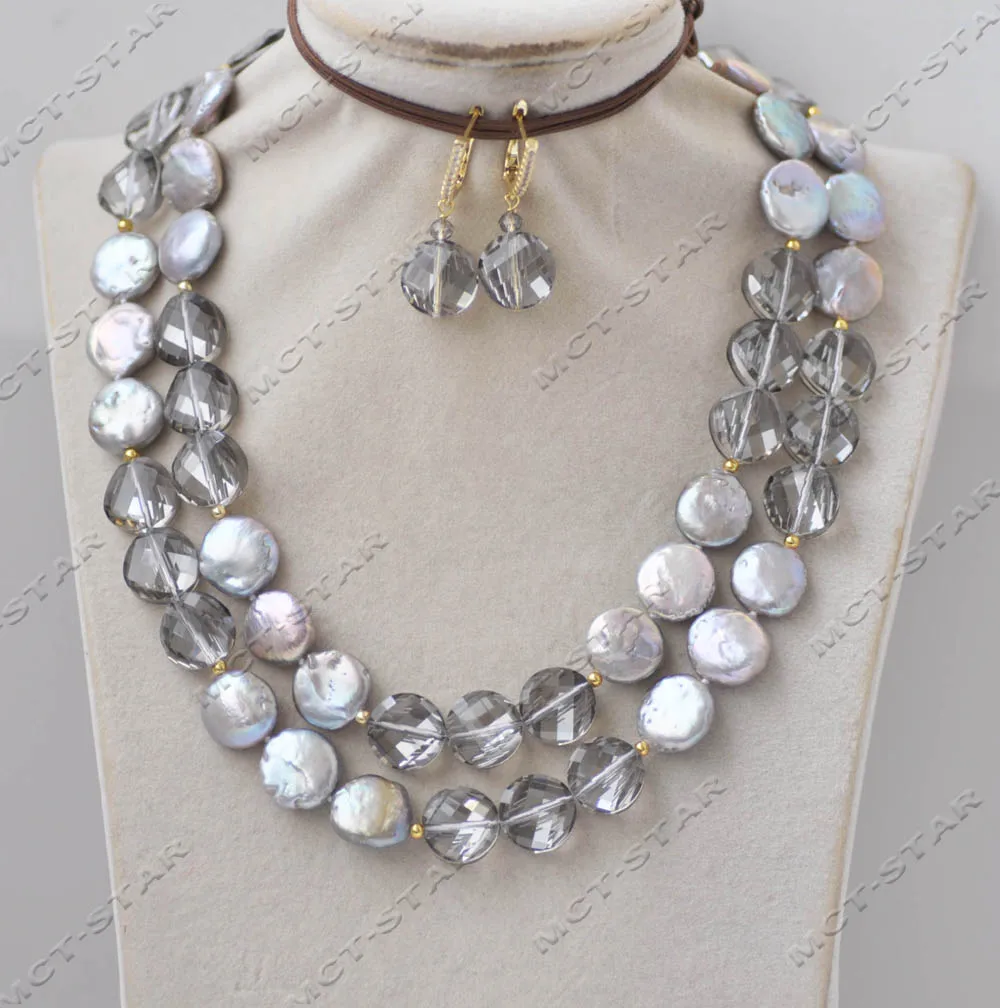 

MTC·STAR Z13231 35" 15mm Gray Coin Freshwater Pearl Faceted Crystal Necklace Earring Custom Jewelry