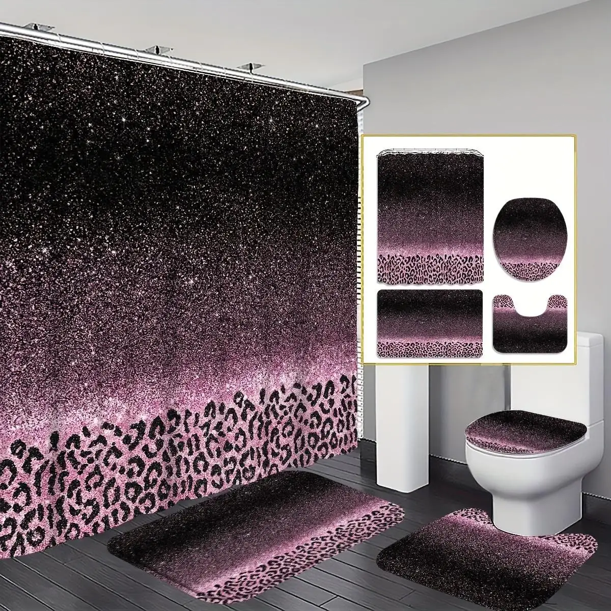 4pcs Shower Curtain Sets with Shower Curtain, Non-Slip Rugs, Toilet Lid Cover and Bath Mat, 4pcs Luxury Shiny Style Pink Black Leopard Print Sequin Printed Shower Curtain Set, Bathroom Additions Include Bathroom, U-Shaped, Toilet, 70.87X70.87inch