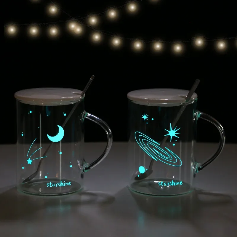 

480ml Glow In The Dark Glass Mug Coffee Cup Transparent Mug with Lid and Spoon Water Juice Milk Tea Cup Office Home Drinkware